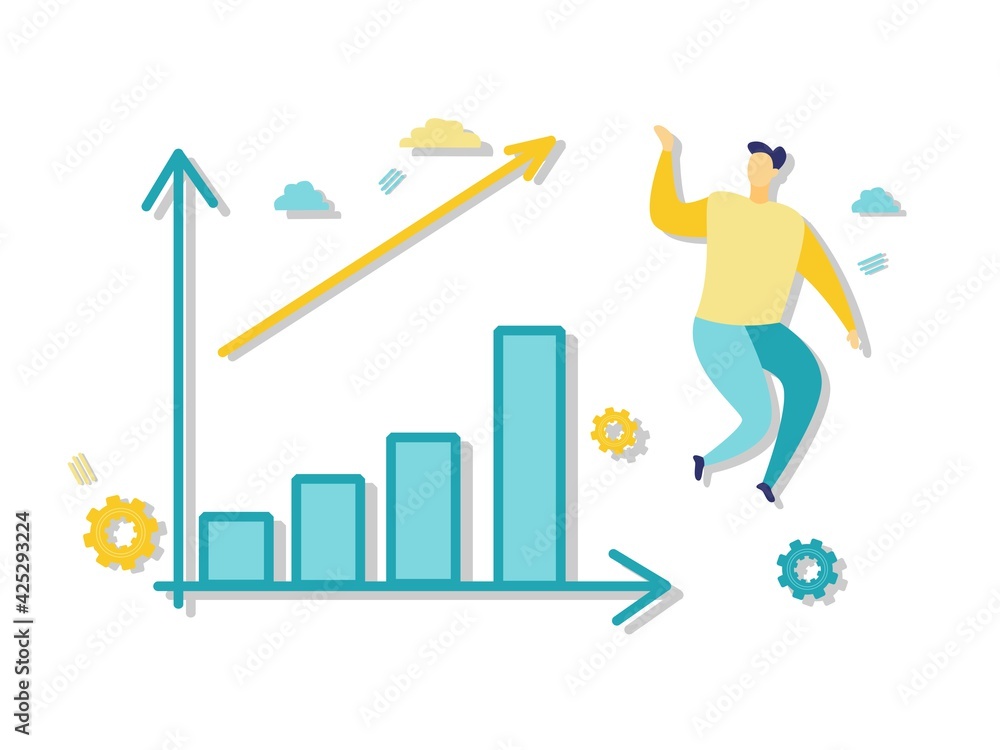 Flat illustration of businessman jumping next to blue chart. Beautiful flat illustration in blue and yellow. Business and finance concepts. Flat illustration of businessman jumping next to blue chart. Beautiful flat illustration in blue and yellow. Business and finance concepts.