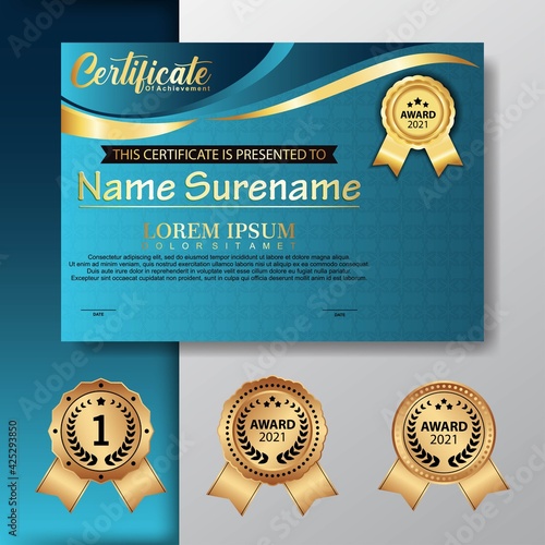 Blue and gold certificate border templates for business, diploma and education documents