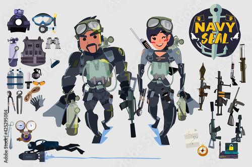 Navy seal soldier scuba with weapon and tool set