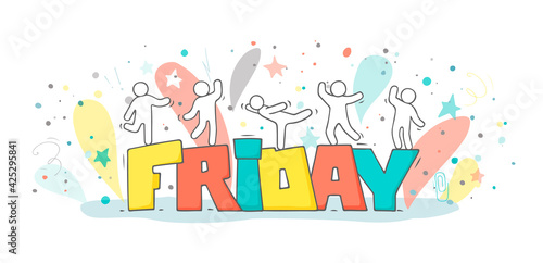 Sketch of little people with word Friday.