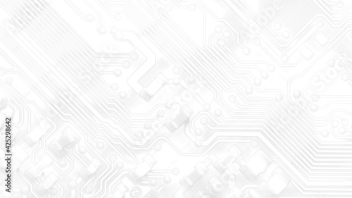White texture background of printed circuit board. Computer technology background. Information tech. Space for text. Gray scale pcb background.