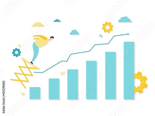 Flat illustration of businessman jumping on springboard as progress concept with a bar chart. Beautiful flat illustration with blue and yellow colors. Business and finance concepts.