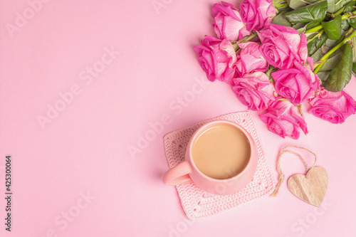 Morning coffee with a beautiful bouquet of roses