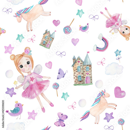 Seamless hand painted watercolor background with faires, unicorns, hearts etc.