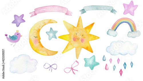 Watercolor handpainted elements sun, crescent, raimbow, clouds, stars , ribbons isolated on white.