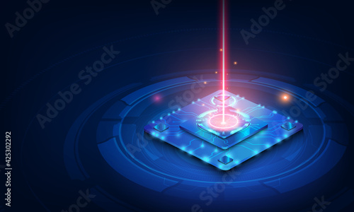 Abstract technology chip processor background circuit board and html code,3D illustration blue technology background vector.