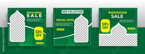 Editable set of minimal square ramadan banner templates. Green and yellow background color. Suitable for social media posts and web internet advertising. Vector illustration