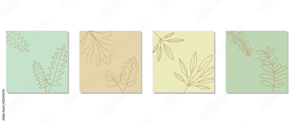 Vector design square templates in simple modern style with copy space for text, flowers and leaves.Natural concept template. Vector illustration. リーフテンプレート、夏のスクエアテンプレート、ナチュラルテンプレートデザイン

