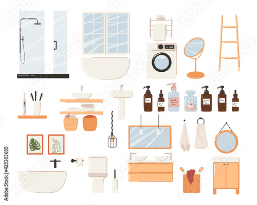 Set of stylish scandinavian bathroom interior. Modern scandinavian bathtub, sink and toilet.