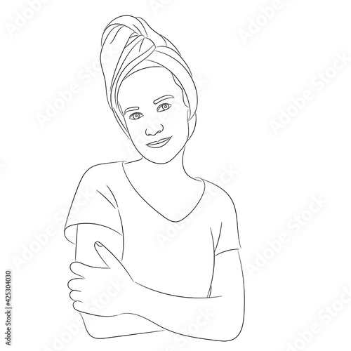 Sketch portrait of a girl with a turban of a towel on her head, portrait of a girl after taking a shower