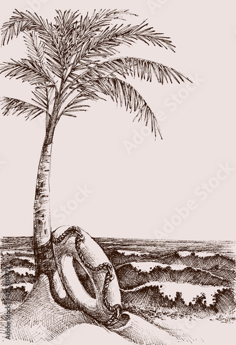 Beach scene and sea view hand drawing, palm tree and life buoy on the beach