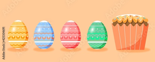 Set of decorated isolated Easter eggs and Easter cake. Bundle of Paschal symbols covered with various ornaments - floral geometric ornament, zigzags, waves, stripes, dots. Flat vector illustration.