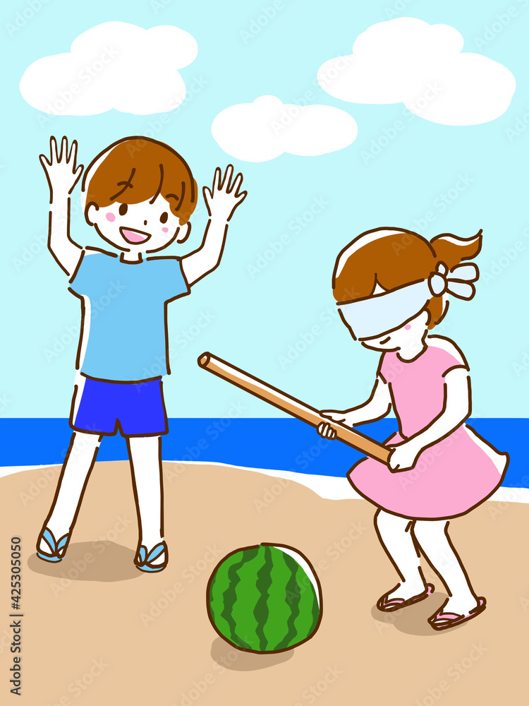 夏に海辺で楽しくスイカ割りをしている小学生の男の子と女の子の線画のイラスト Ilustracion De Stock Adobe Stock