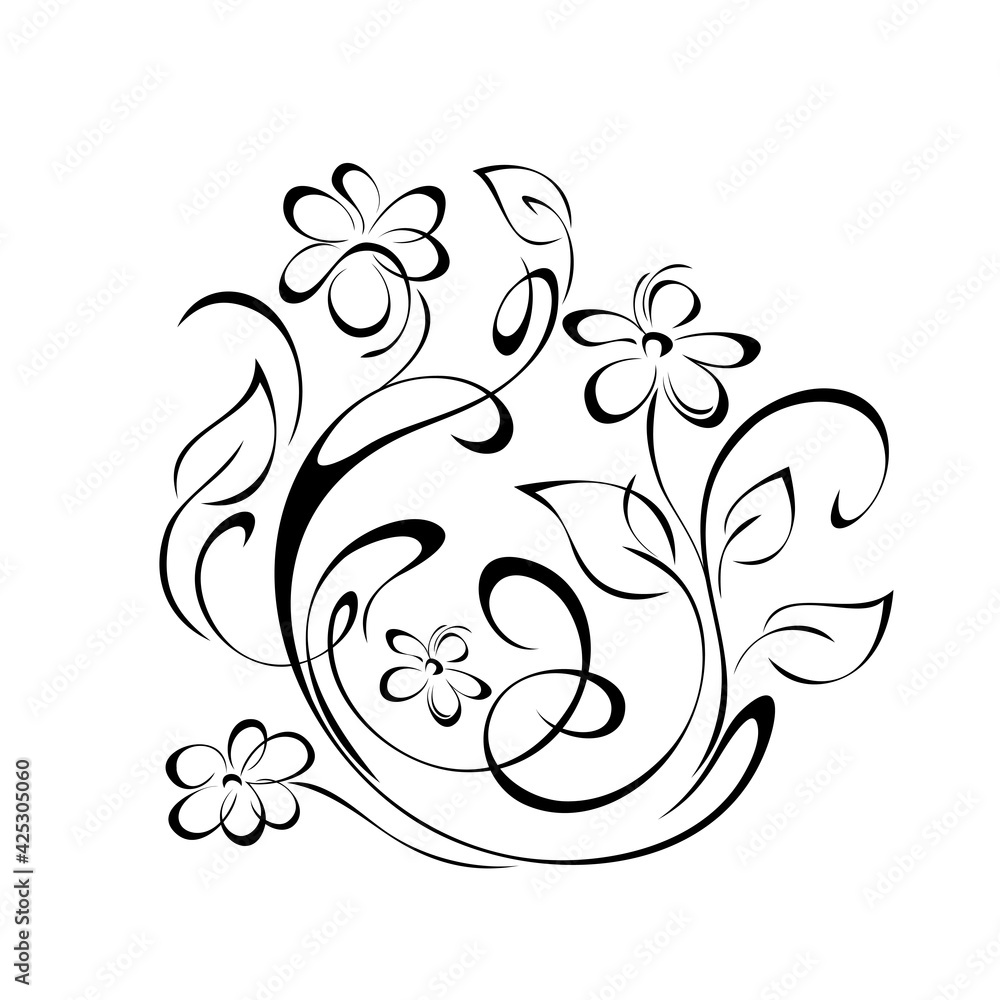 floral design 13. decorative element with blooming flowers on stems with leaves and curls in black lines on a white background