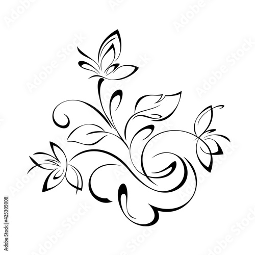 floral design 12. floral design with blooming flowers on stems with leaves and curls in black lines on a white background