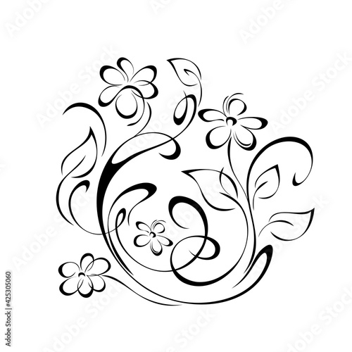 floral design 13. decorative element with blooming flowers on stems with leaves and curls in black lines on a white background