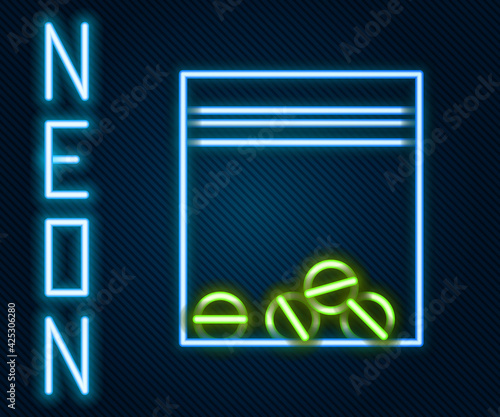 Glowing neon line Plastic bag of drug icon isolated on black background. Health danger. Colorful outline concept. Vector Illustration