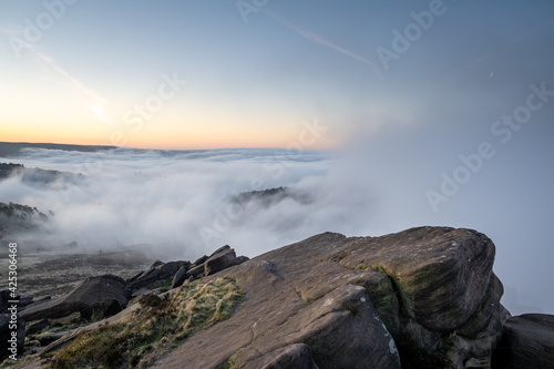Springtime sunrise cloud inversion, and mist at The Roaches, Staffordshire