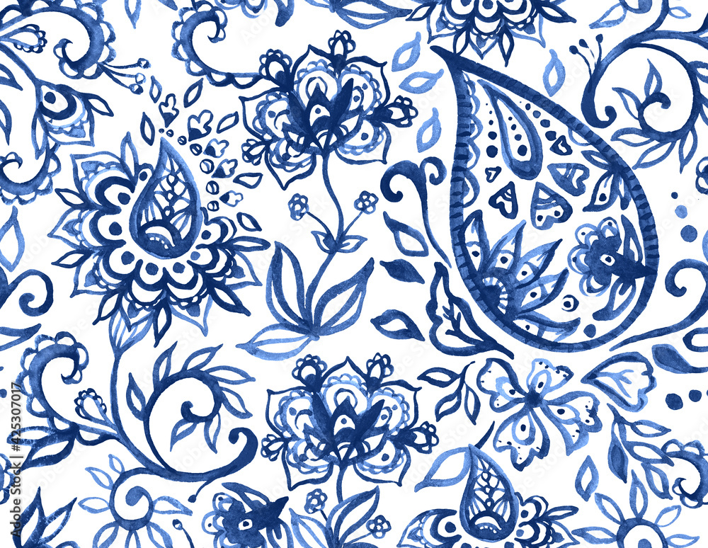 Fototapeta premium Paisley watercolor floral pattern tile: flowers, flores, tulips, leaves. Oriental indian traditional hand painted water color whimsical seamless print, ceramic design. Abstract india batik background