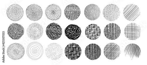 Set of abstract vector halftone stains. Black blots made of round particles. Modern illustration with dark, murky spots. Splattered array of dots. Gradation of tone. Elements of design.