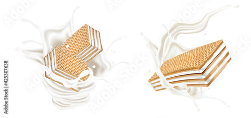 Wafers and Milk splashing in the middle isolated on white background, Vector realistic in 3d illustration. Food concept.
