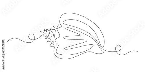 Seashell in One continuous line drawing style for logo or emblem. Sea snail Shell for marine mascot concept for nautical life icon. Modern simple vector illustration