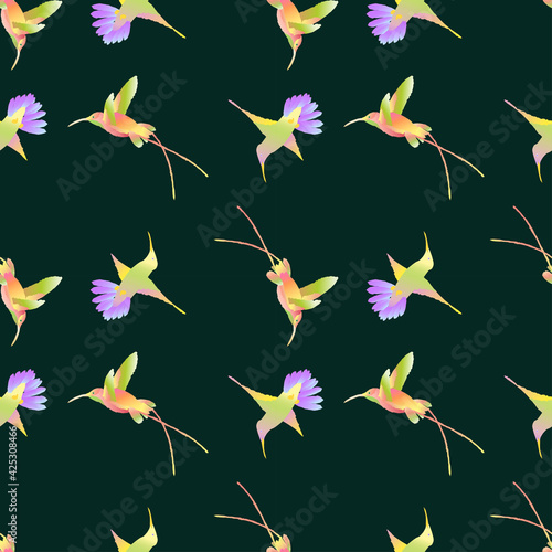 Seamless pattern of colorful flying hummingbirds