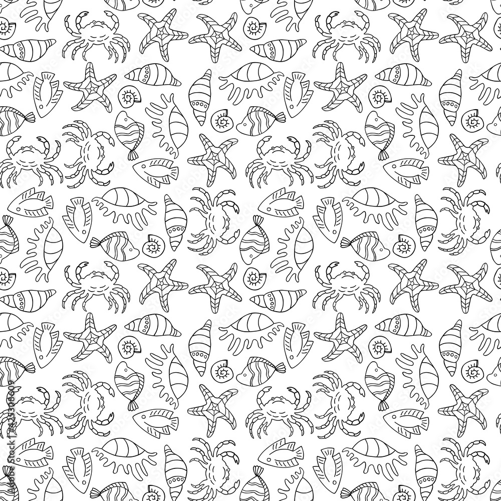 Obraz premium Seamless pattern of outlines various cartoon sea creatures