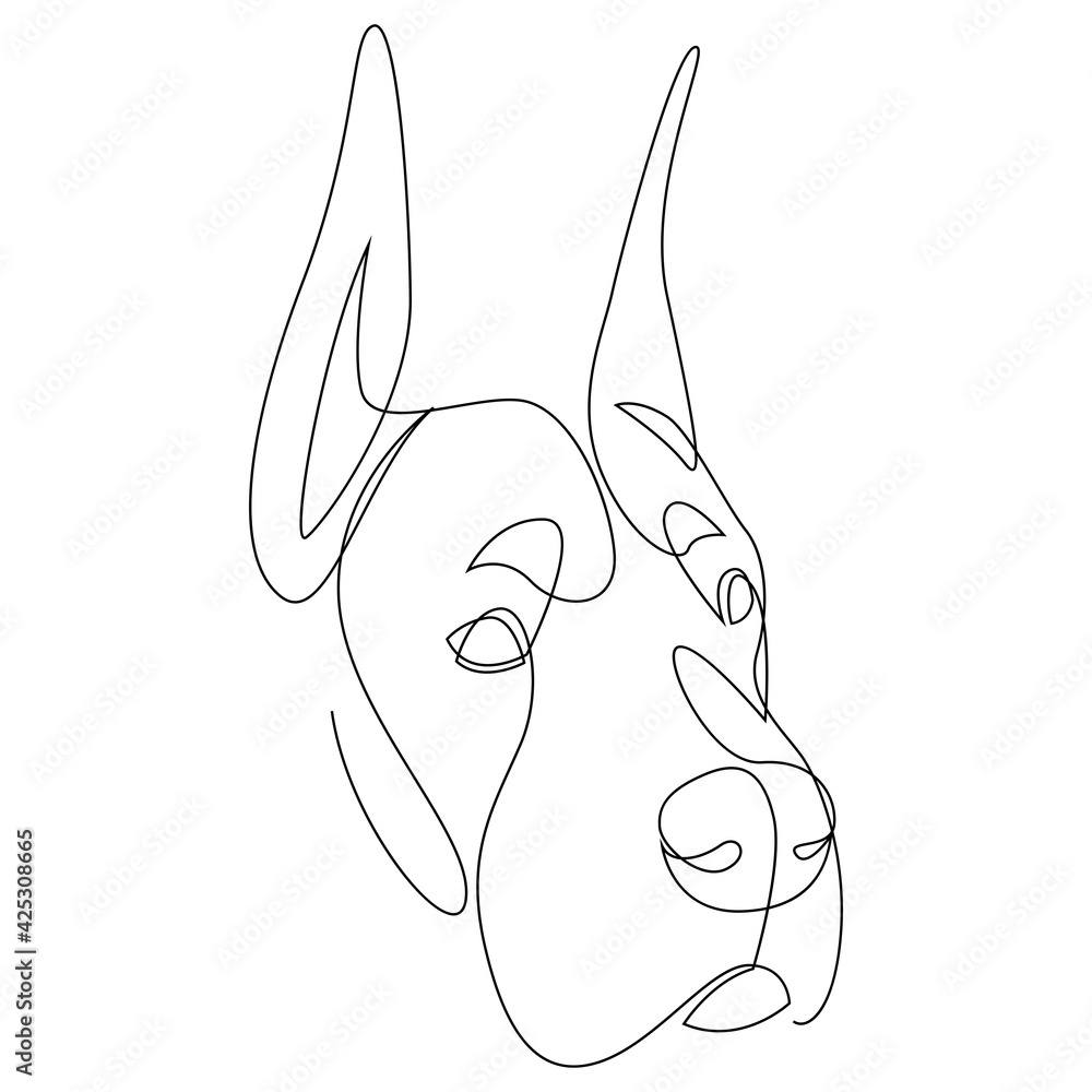 Continuous line Great Dane. Single line minimal style dog vector illustration. Head. - obrazy, fototapety, plakaty 