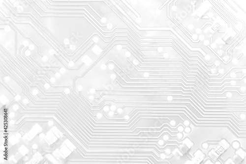 White texture background of printed circuit board. Computer technology background. Information tech. Space for text. Gray scale pcb background.