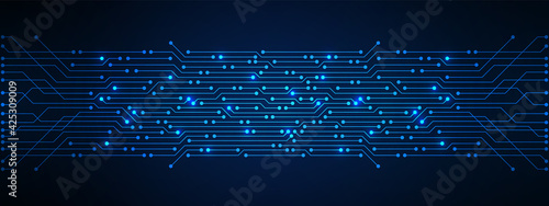 Abstract Technology Background, blue circuit board pattern with electric light, microchip, power line
