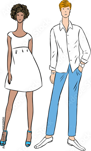 Vector illustration of couple young elegant people in summer clothing