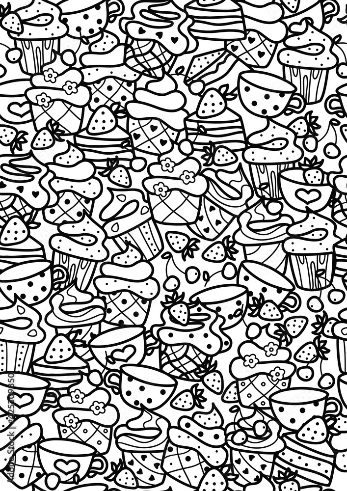 Vector doodles of sweets, seamless pattern. Black silhouettes of sweets. Coloring page. Vector doodles of sweets, seamless pattern. Black silhouettes of sweets. Coloring page.