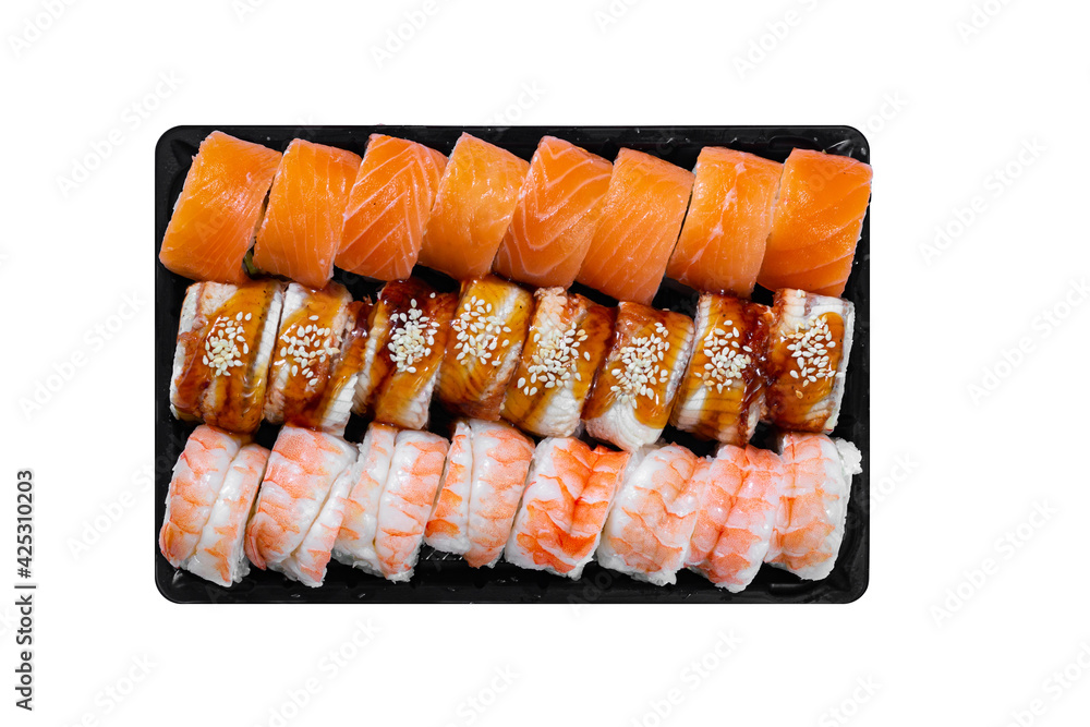 Japanese food, set rolls in king prawn, rolls in smoked eel with unagi sauce and Philadelphia rolls with salmon in black box isolated on white background Japanese food, set rolls in king prawn, rolls in smoked eel with unagi sauce and Philadelphia rolls with salmon in black box isolated on white background