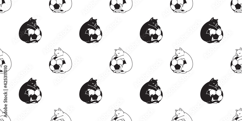 cat seamless pattern football soccer kitten calico vector pet sport scarf isolated tile background cartoon animal repeat wallpaper illustration doodle design