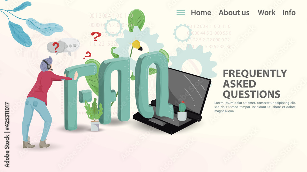 FAQ Vector Illustration Landing Page Template for a web page or app A guy in headphones pushes large letters into a laptop