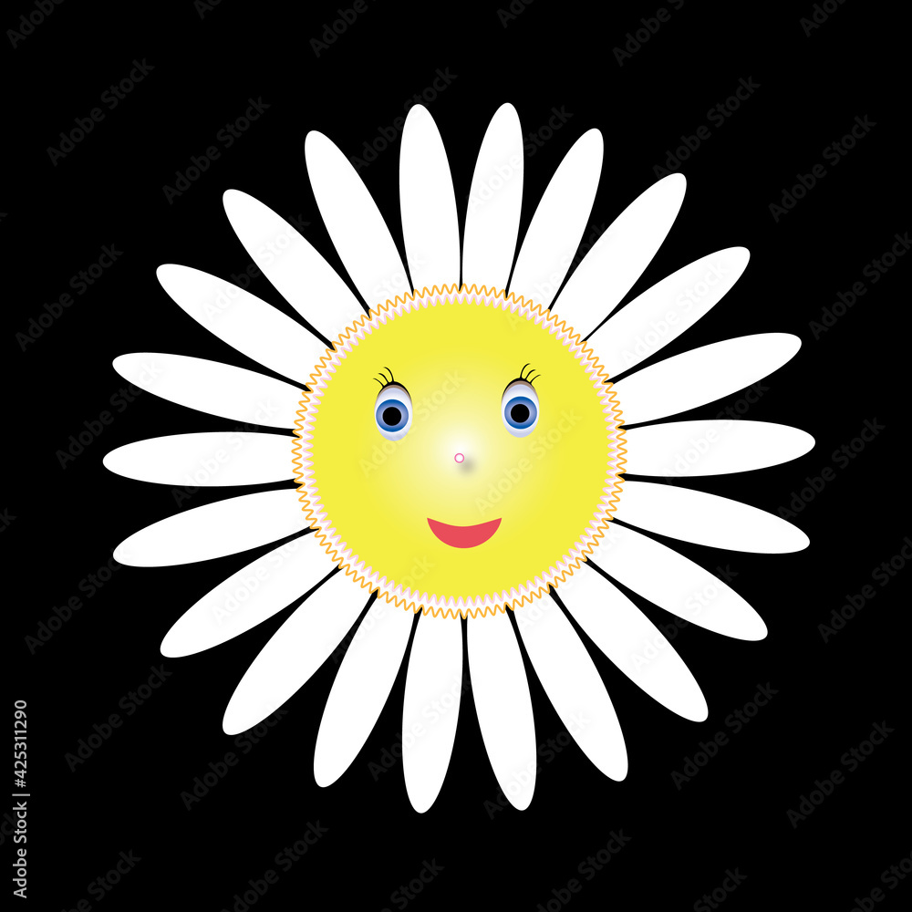Happy smiling childish white daisy flower for black background. Illustration object isolated in black, hand drawing in vector format.
