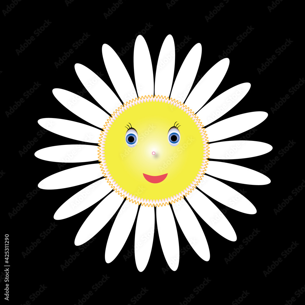 Happy smiling childish white daisy flower for black background. Illustration object isolated in black, hand drawing in vector format. Happy smiling childish white daisy flower for black background. Illustration object isolated in black, hand drawing in vector format.