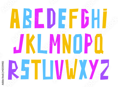 multicolored alphabet with pink, blue, purple, and yellow letters. suitable for Brazilian Festa Junina.