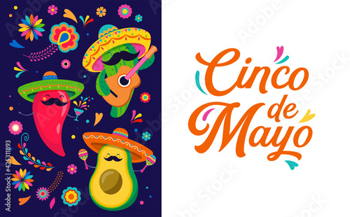 Cinco de Mayo - May 5, federal holiday in Mexico. Fun, cute characters as chilli pepper, avocado, cactus playing guitar, dancing and drinking tequila. 