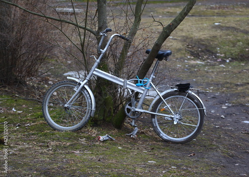 An old bicycle attached to a tree