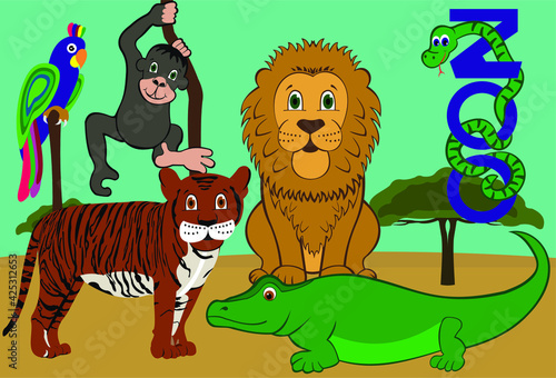 zoo set of vector animals of savanna jungle lion tiger monkey parrot crocodile and snake