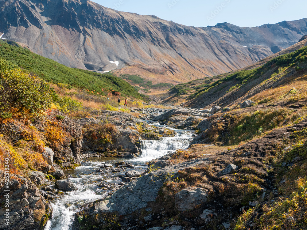 Waterfall near the Vachkazhets mountain range. Water flows over the stones against the backdrop of autumn grass and forest. Kamchatka Peninsula, Russia.