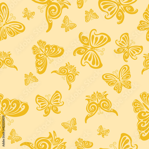 pattern of decorative butterflies in yellow shades, cartoon illustration, vector,