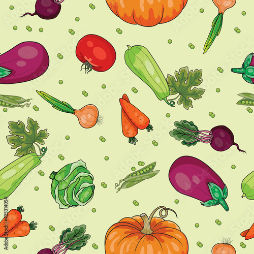 pattern of colorful vegetables, tomato, eggplant, zucchini on a green background, cartoon illustration, vector,