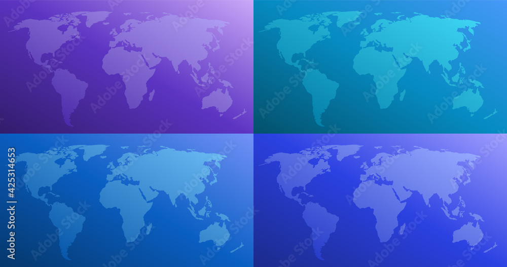 world map color gradient vector illustration in four versions. purple, blue, cyan, turquoise