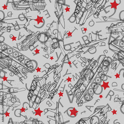 pattern from a sketch of military equipment on a gray background, cartoon illustration, vector,