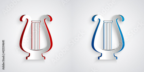 Paper cut Ancient Greek lyre icon isolated on grey background. Classical music instrument, orhestra string acoustic element. Paper art style. Vector