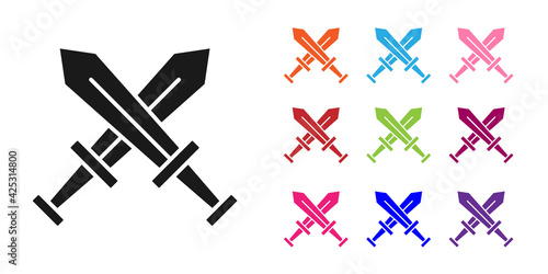 Black Crossed medieval sword icon isolated on white background. Medieval weapon. Set icons colorful. Vector