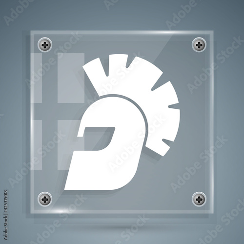 White Greek helmet icon isolated on grey background. Antiques helmet for head protection soldiers with a crest of feathers or horsehair. Square glass panels. Vector